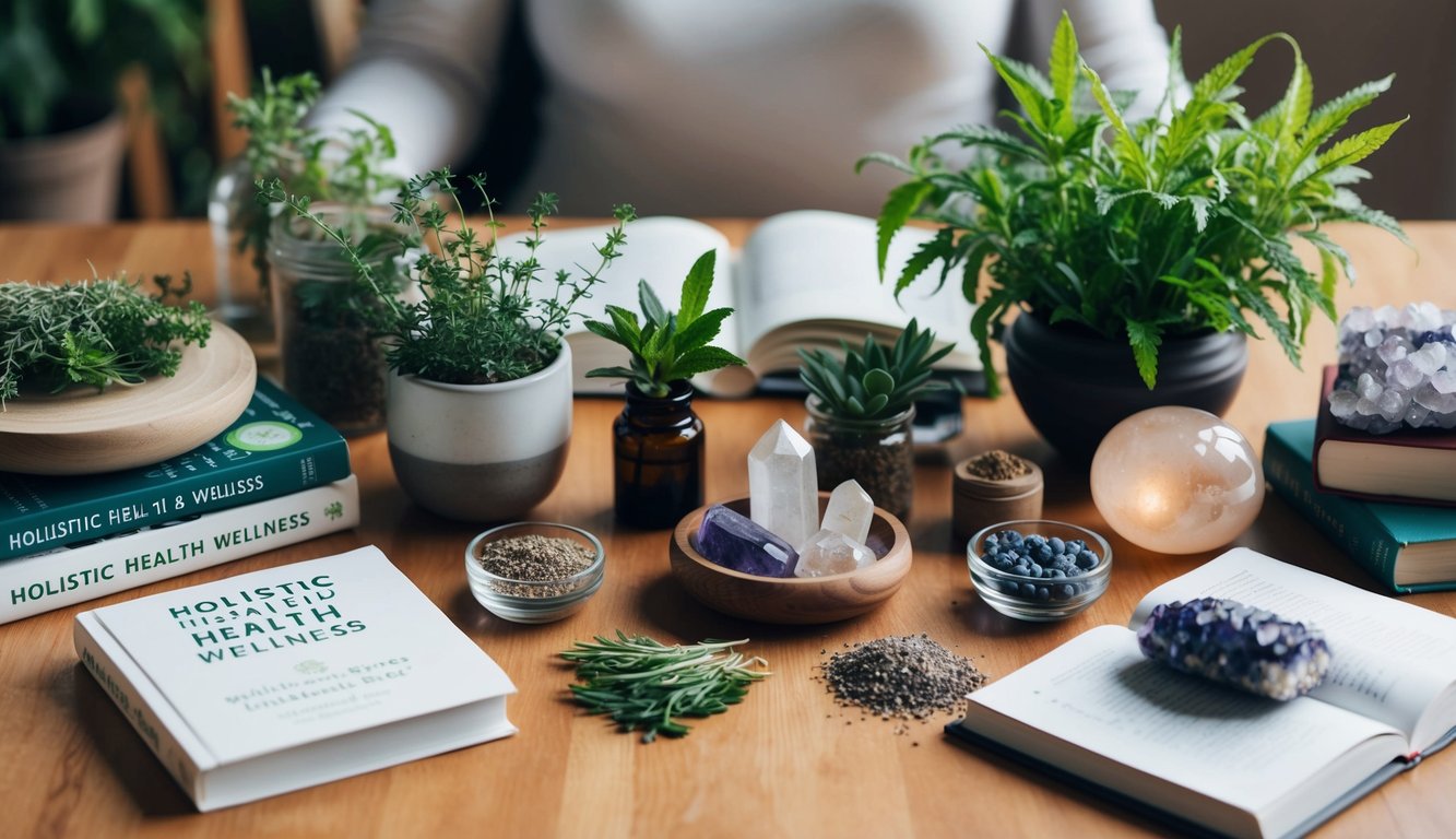 A table with various natural elements such as herbs, plants, and crystals, surrounded by books on holistic health and wellness