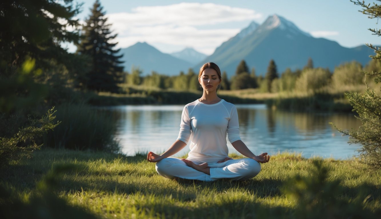 A serene landscape with a person meditating in a peaceful natural setting, surrounded by elements of nature such as trees, water, and mountains, evoking a sense of harmony and balance