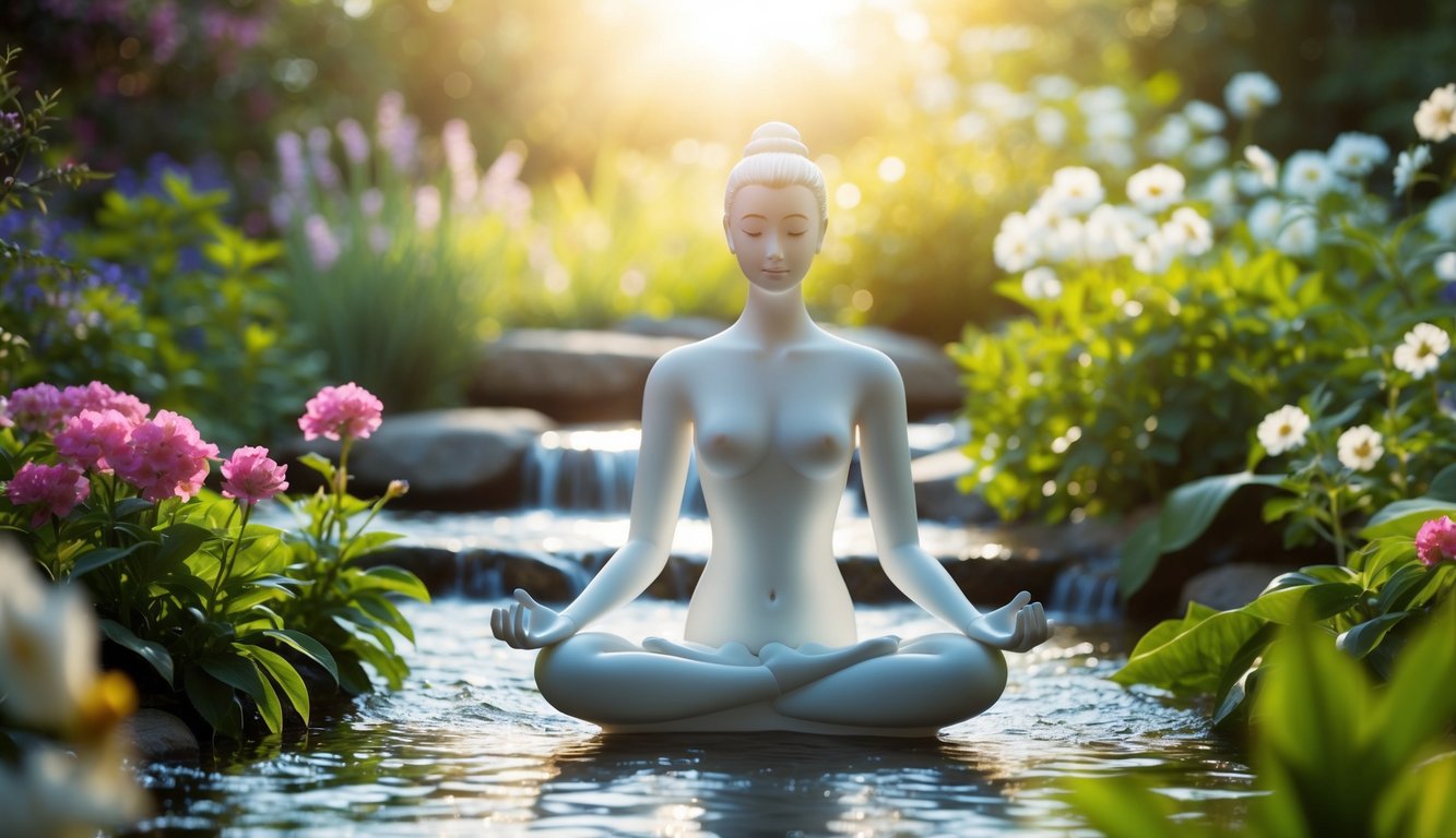 A serene figure meditates in a lush garden, surrounded by blooming flowers, flowing water, and gentle sunlight, embodying the connection between body, mind, and spirit