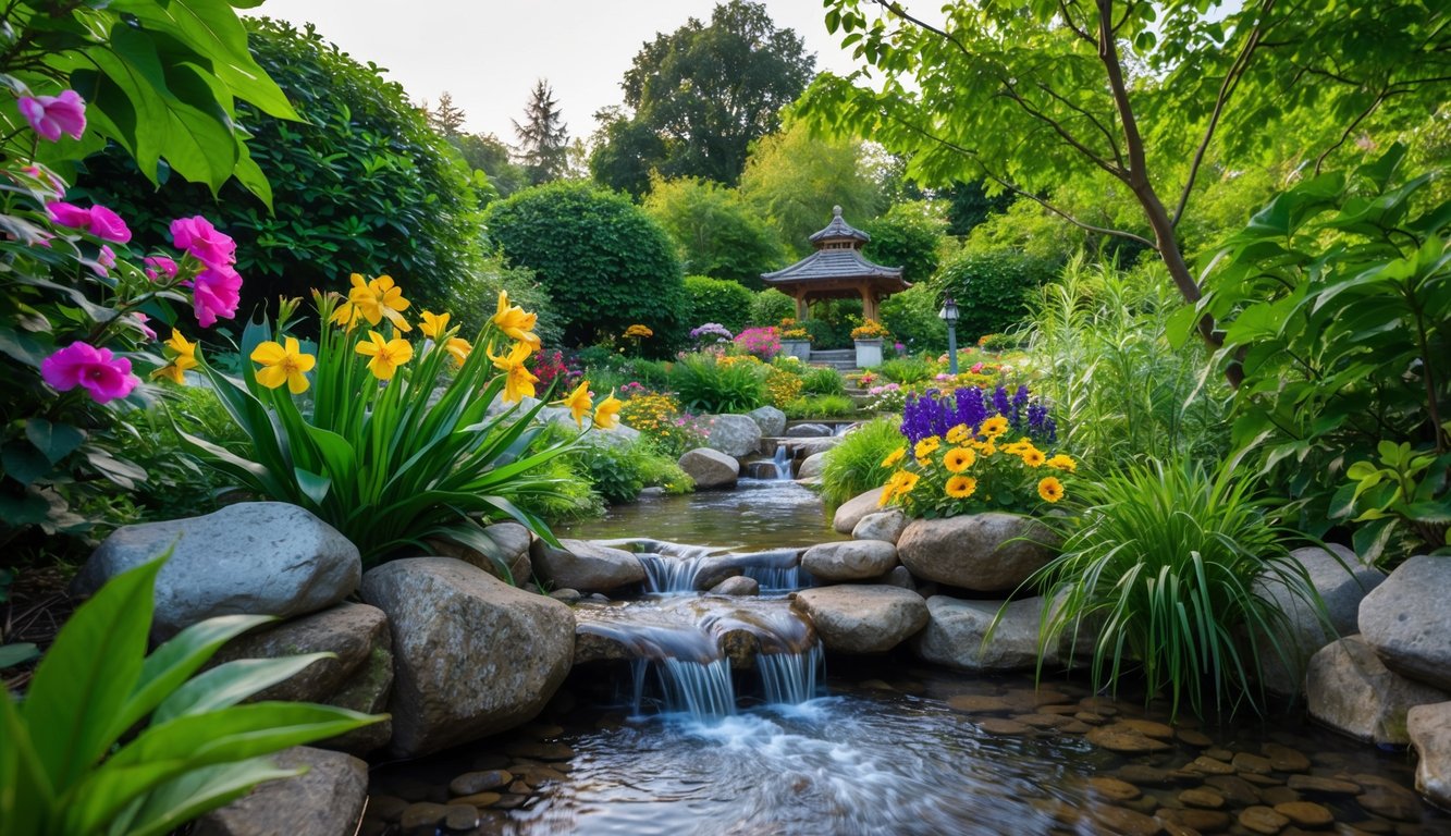 A serene garden with a flowing stream, blooming flowers, and a tranquil meditation space nestled among lush greenery