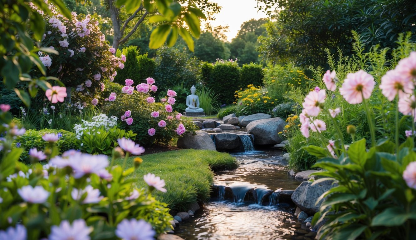 A serene garden with blooming flowers, a flowing stream, and a peaceful meditation area surrounded by lush greenery