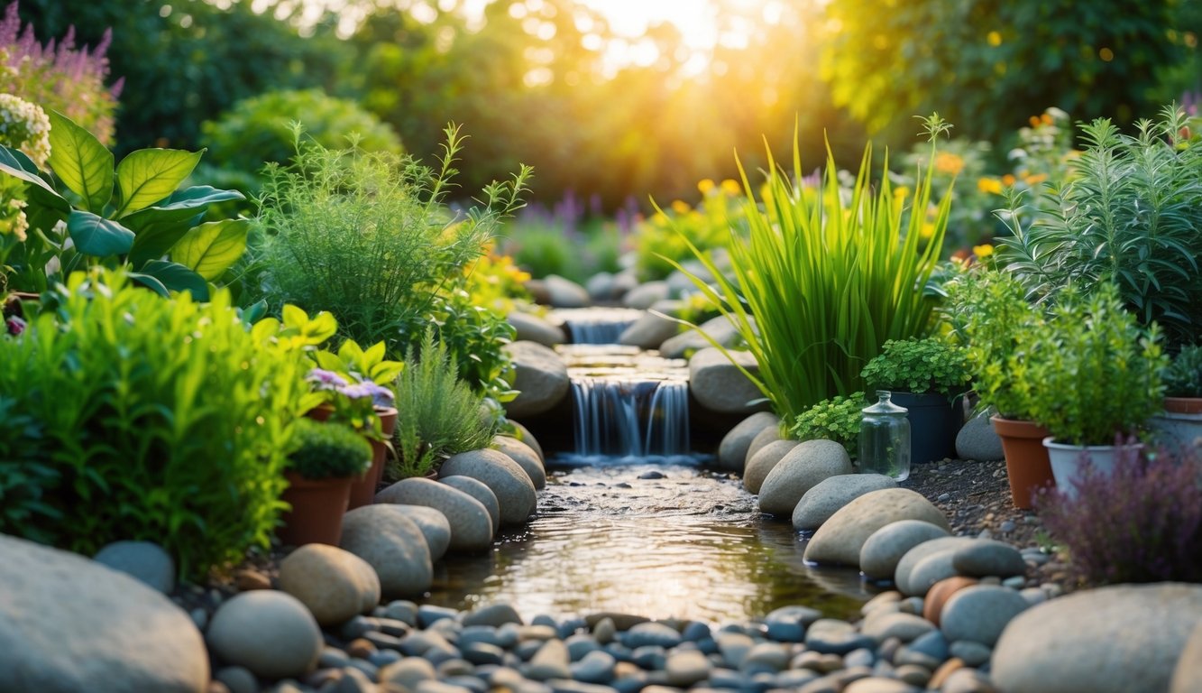 A serene garden with various plants and herbs, a peaceful stream, and a gentle breeze, representing the concept of individualized care in holistic health