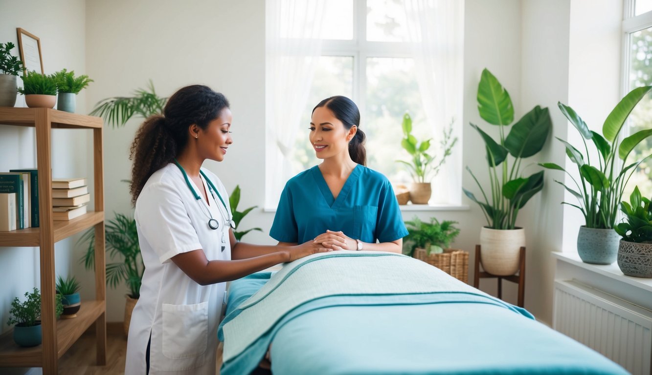 A serene treatment room with natural light, plants, and calming decor. A holistic healer consults with a client, surrounded by books and healing tools