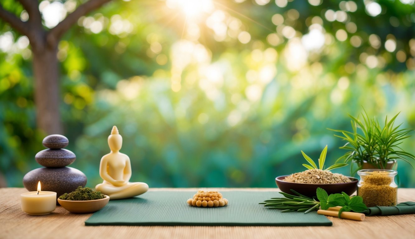 A serene setting with a diverse array of holistic modalities such as acupuncture, massage, yoga, and herbal remedies, tailored to each individual's unique needs