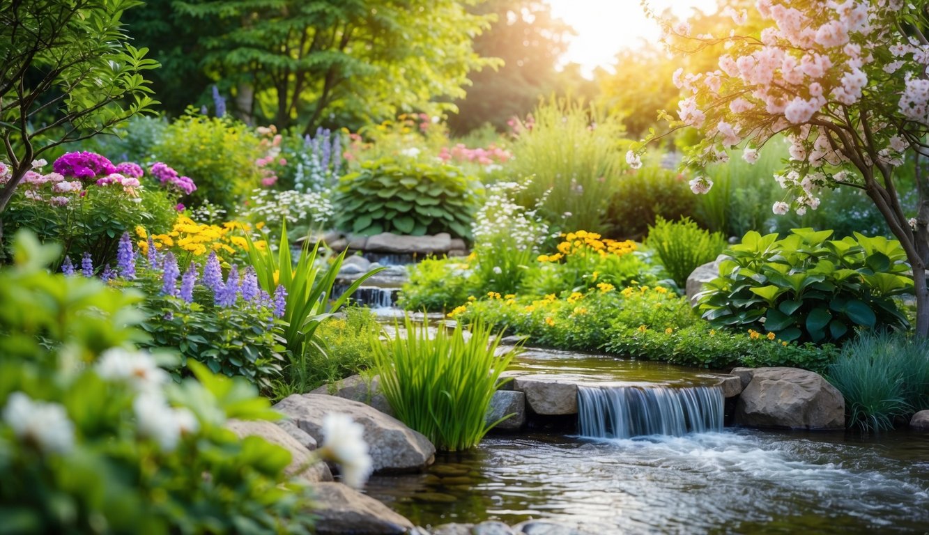 A serene garden with blooming flowers and lush greenery, surrounded by peaceful nature and flowing water, representing the success stories and lessons learned from holistic healing case studies