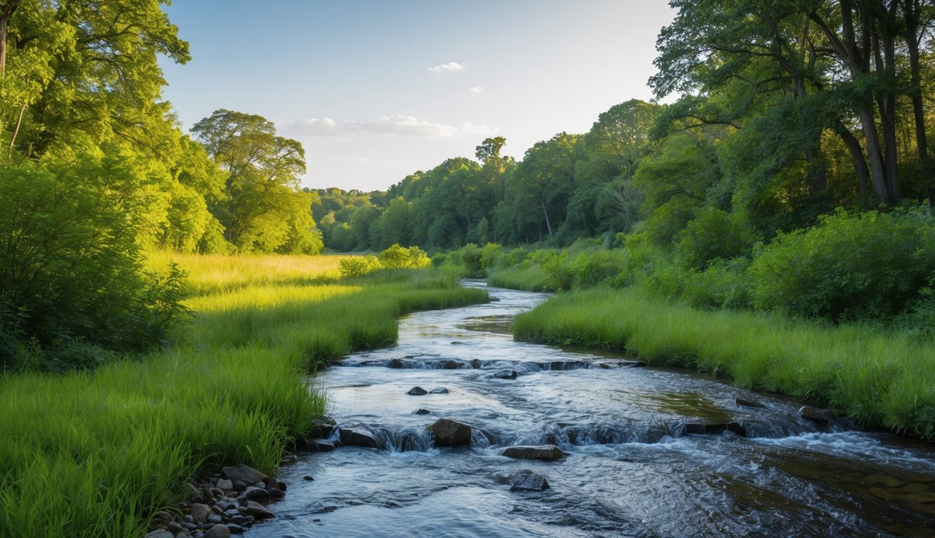 A serene natural landscape with a flowing stream, lush greenery, and a clear sky, evoking a sense of peace and healing