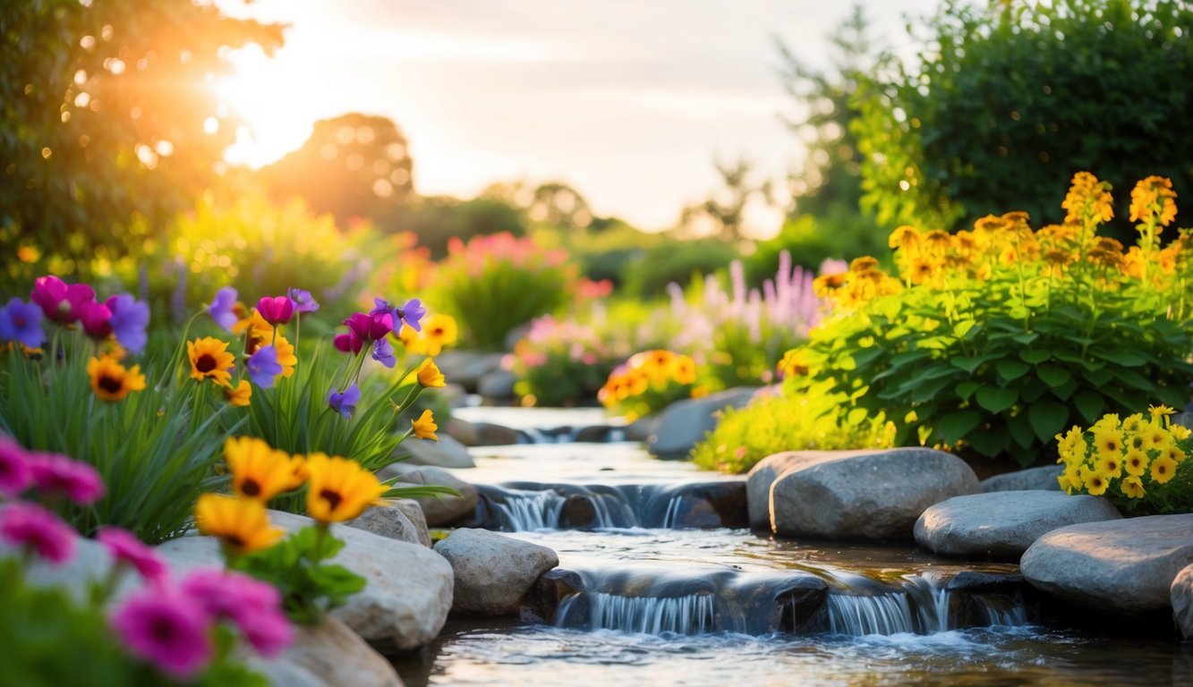 A serene garden with a flowing stream, vibrant flowers, and a warm, glowing sun