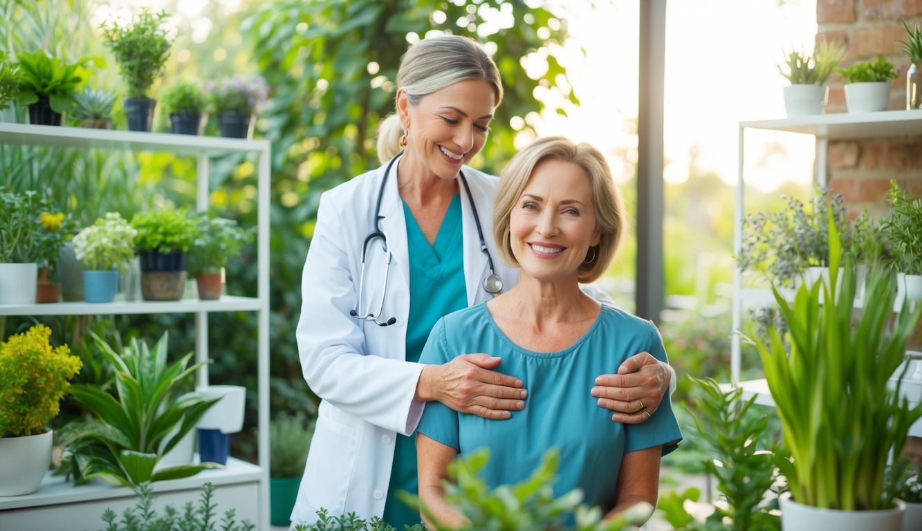 A serene garden with diverse plants and herbs, a cozy holistic health clinic, and a smiling client receiving personalized care from a compassionate practitioner