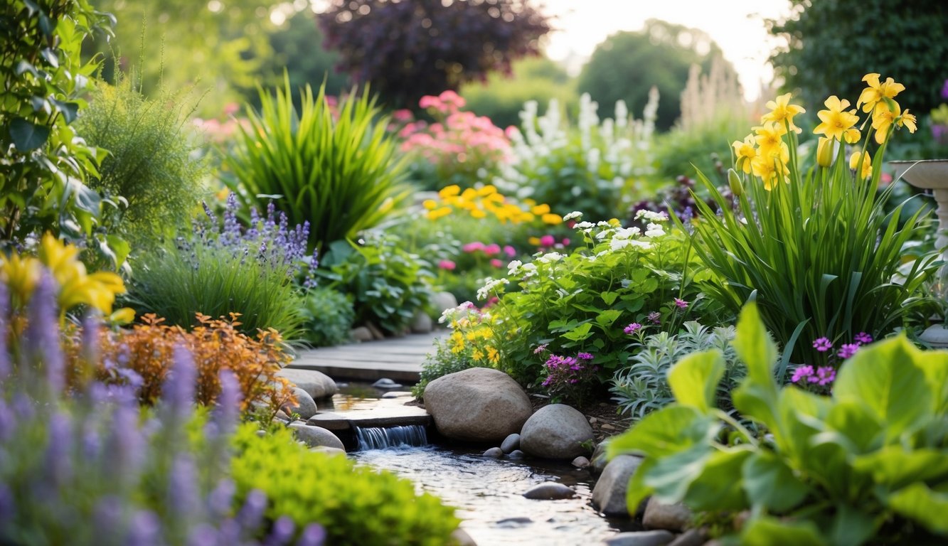 A serene garden with a variety of plants and flowers, a peaceful stream flowing through, and a gentle breeze creating a sense of tranquility and harmony