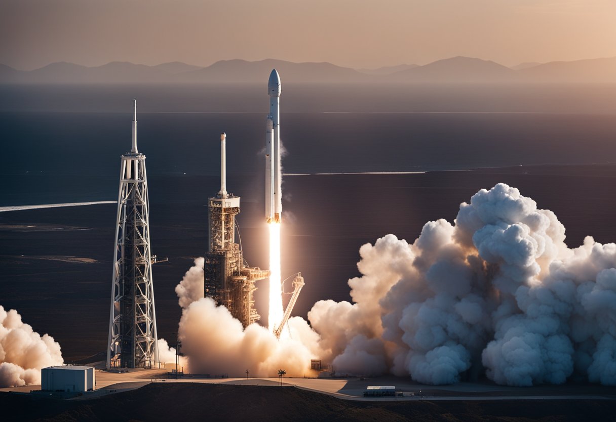 A SpaceX rocket launching from a futuristic spaceport with other spacecraft in the background, symbolizing the company's infrastructure and expansion in space travel