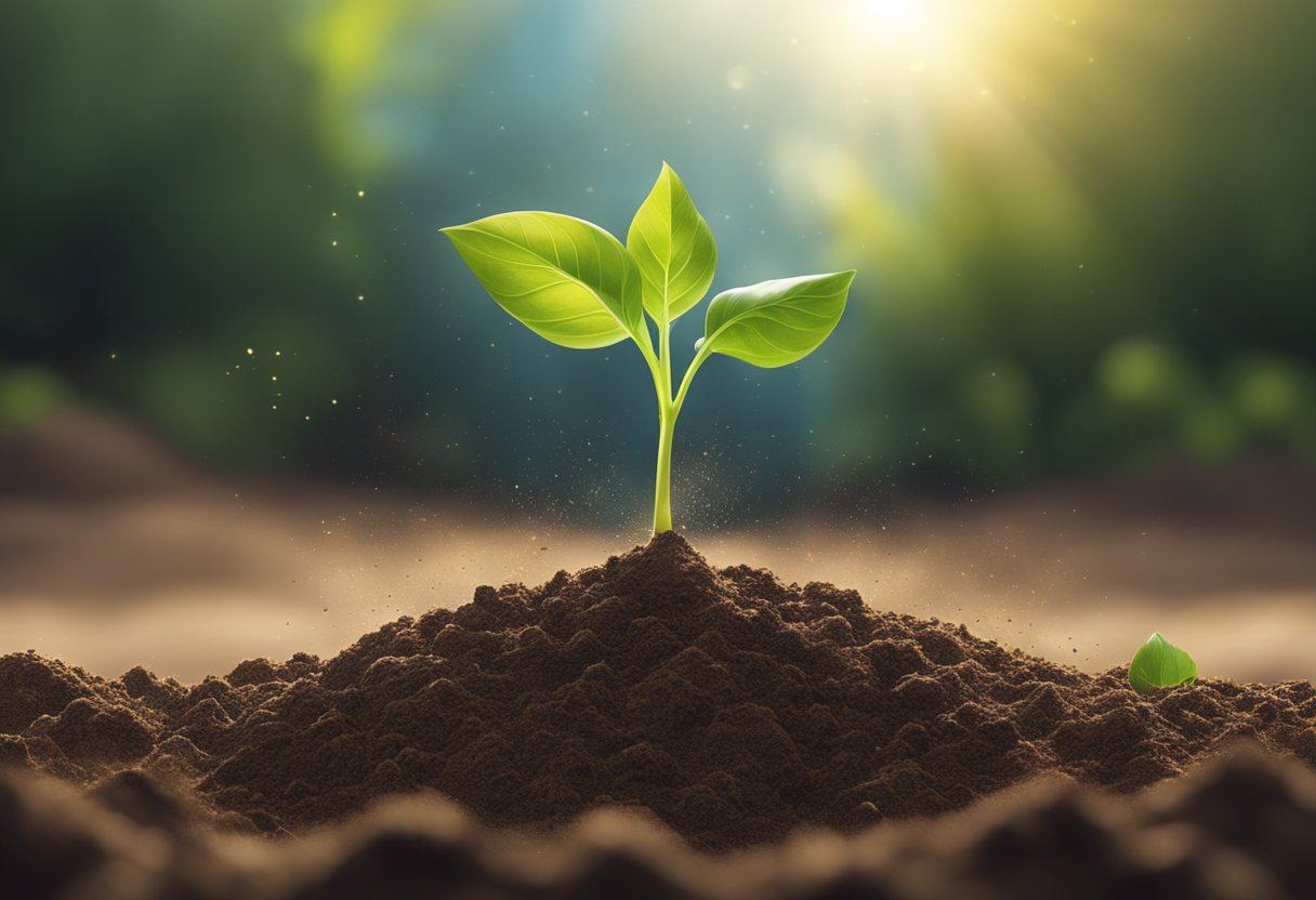 A seedling breaking through the soil, reaching towards the sunlight, surrounded by swirling energy