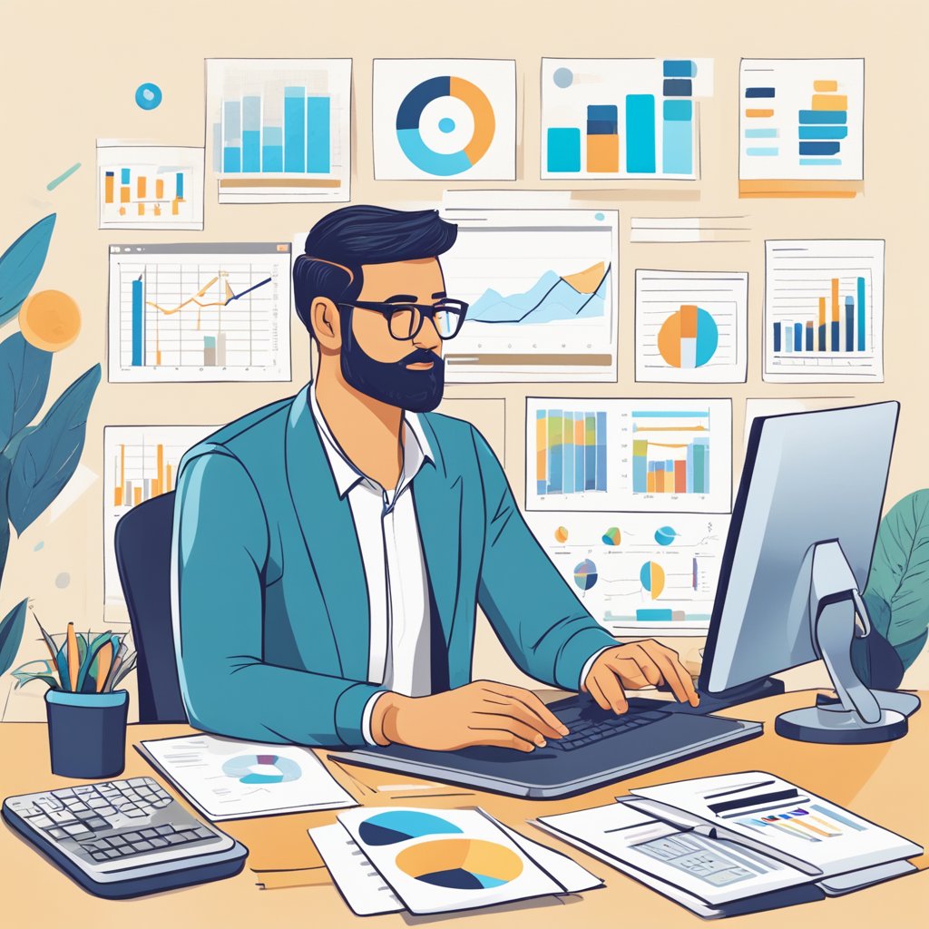 A small business owner sits at a desk, surrounded by charts and graphs, as they analyze data and strategize for their inbound marketing campaign