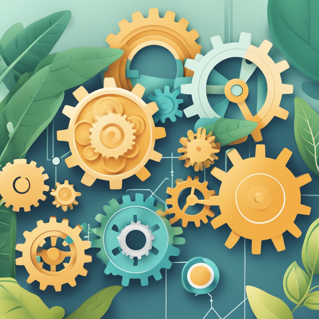 A group of interconnected gears symbolizing long-lasting relationships, surrounded by growing plants and a rising graph, representing maximizing ROI through inbound marketing strategies