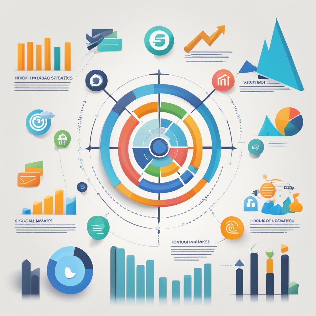 A graph showing a steady increase in ROI with arrows pointing upwards, surrounded by various inbound marketing strategies such as social media, content marketing, and email campaigns