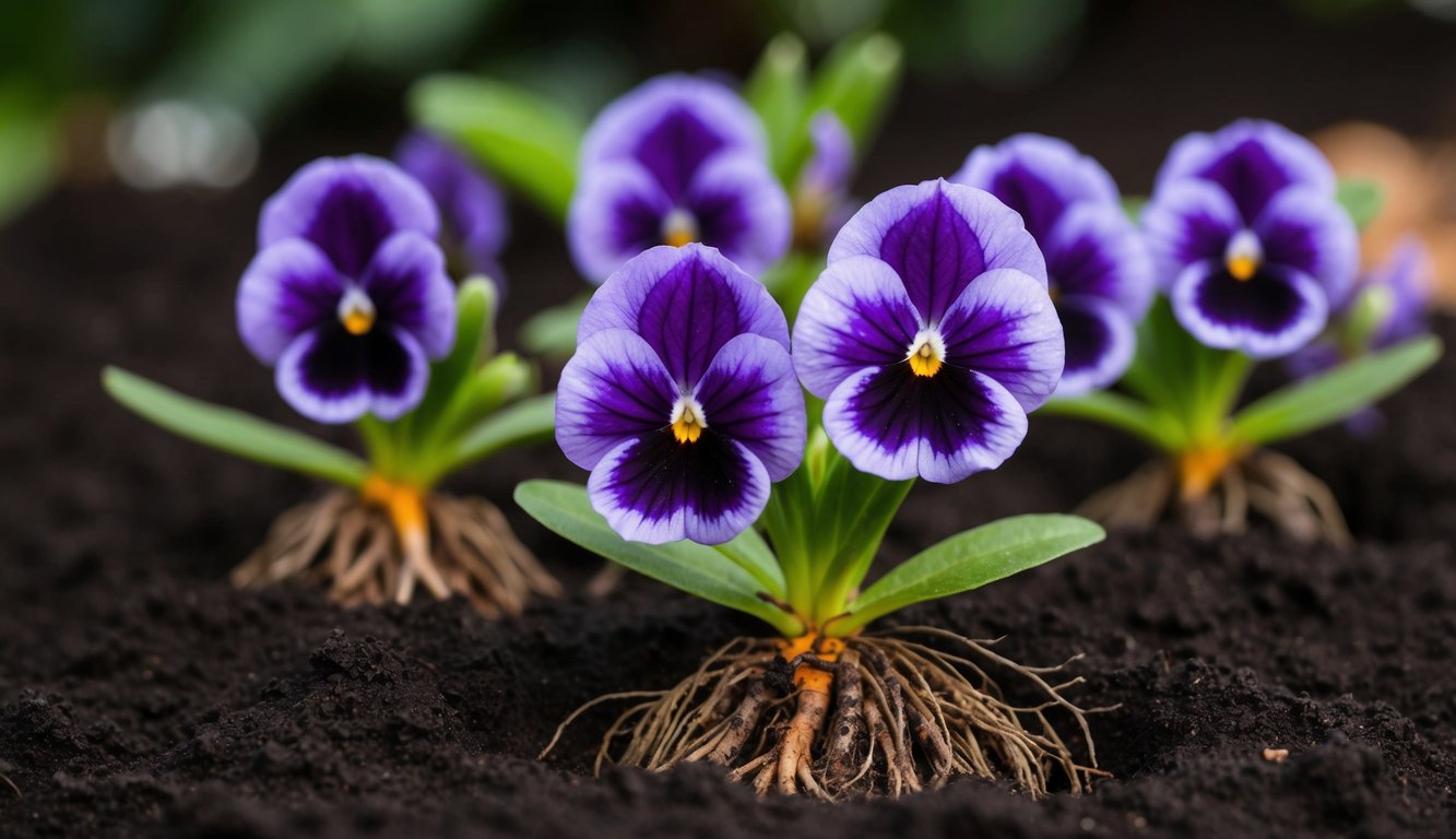 African violets with purple flowers, roots in dark soil