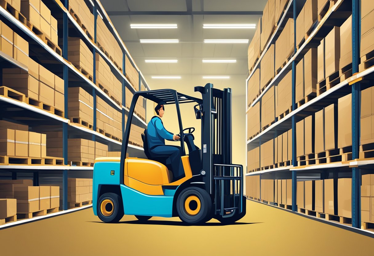 A forklift with Class 2 forks lifting a pallet of goods in a warehouse