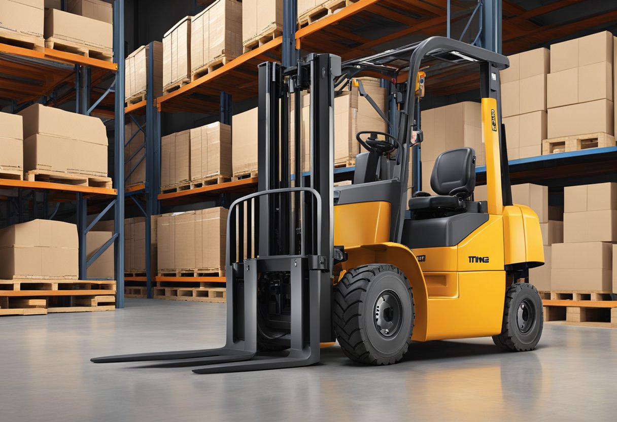 Two Class 2 forklift forks resting on a warehouse floor, with the tines extending forward and the backrest upright