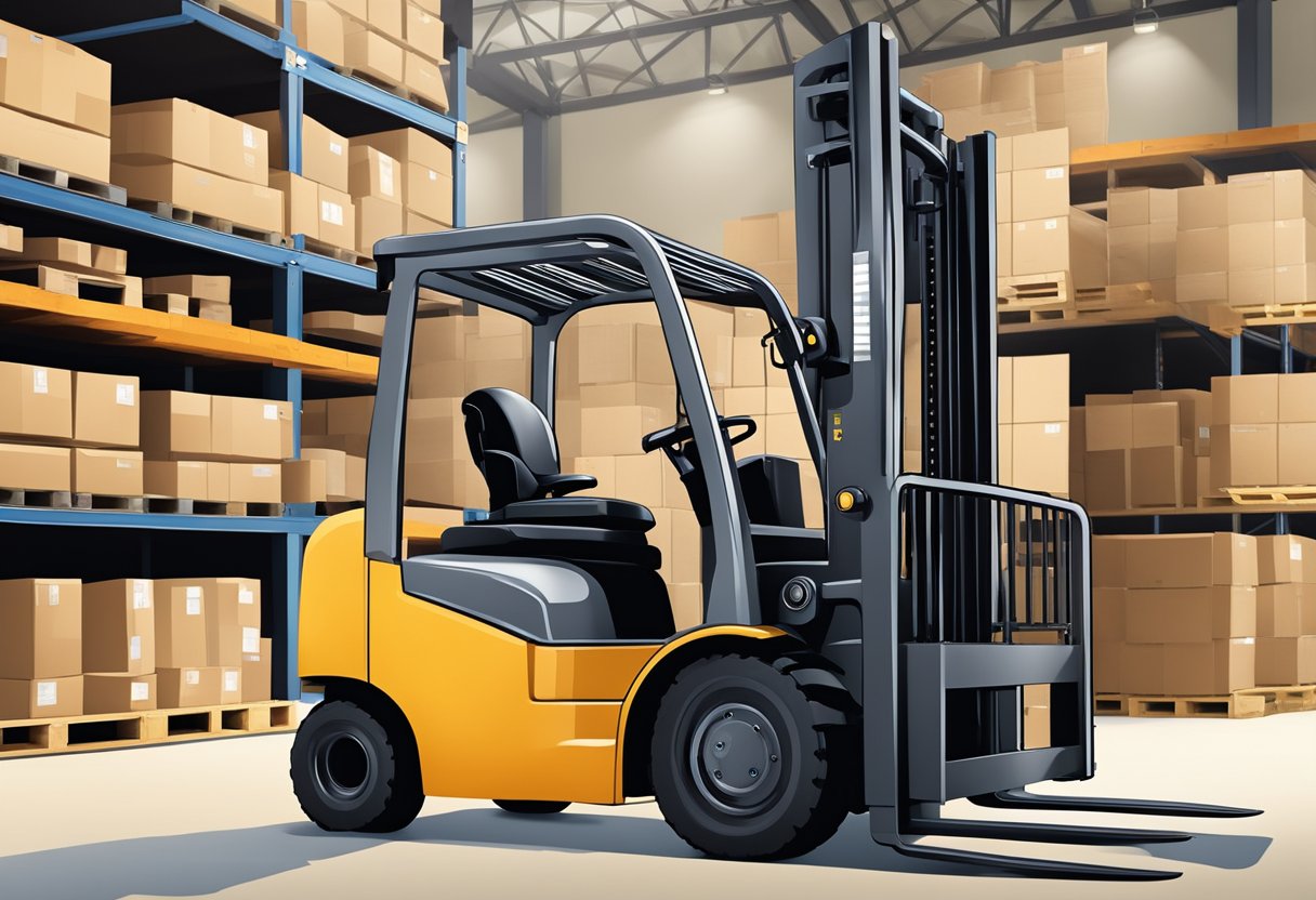 Class 2 forklift forks in a warehouse setting, with a forklift lifting a pallet of goods