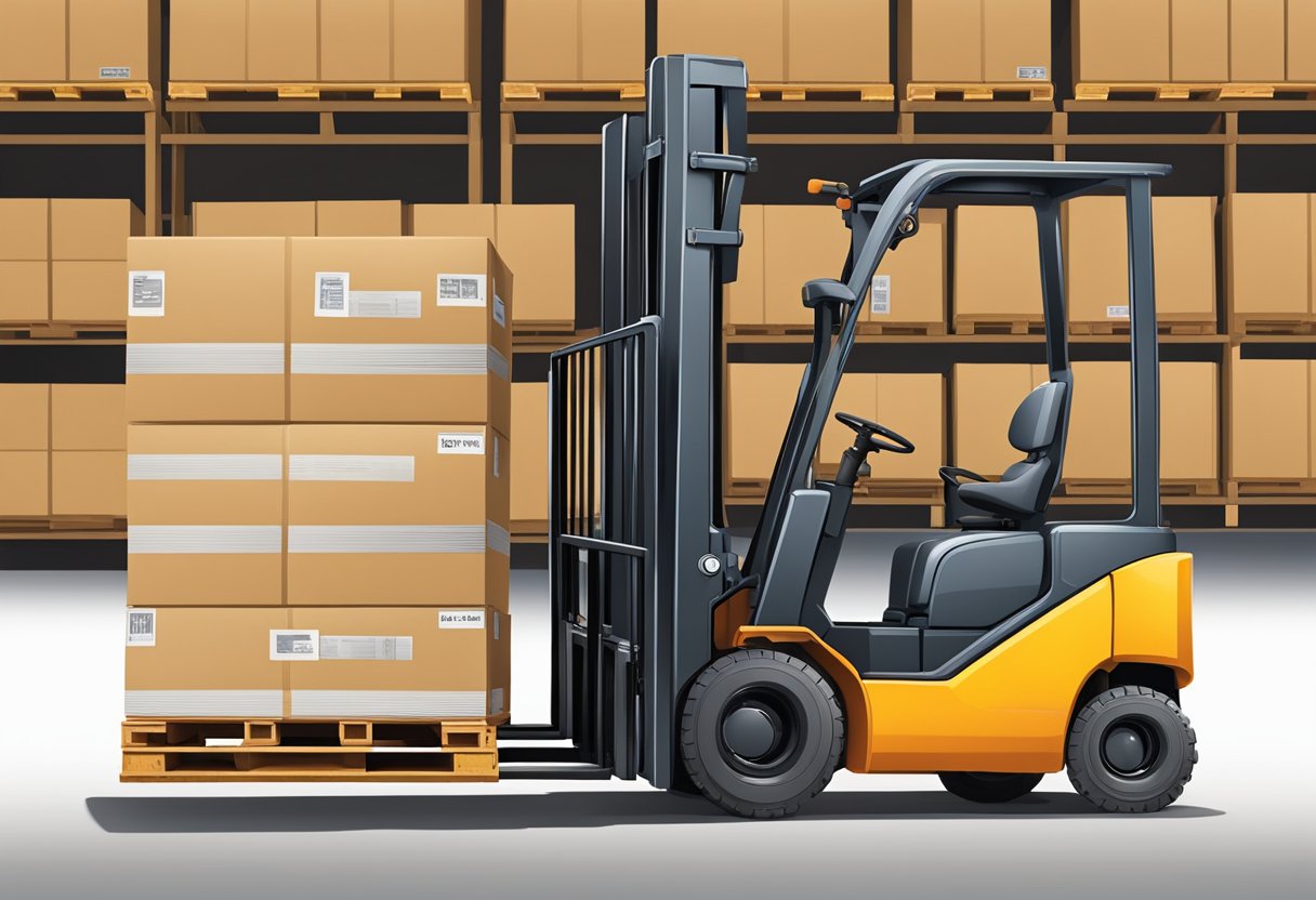 A class 2 forklift with taper and tip style forks lifting a pallet of goods