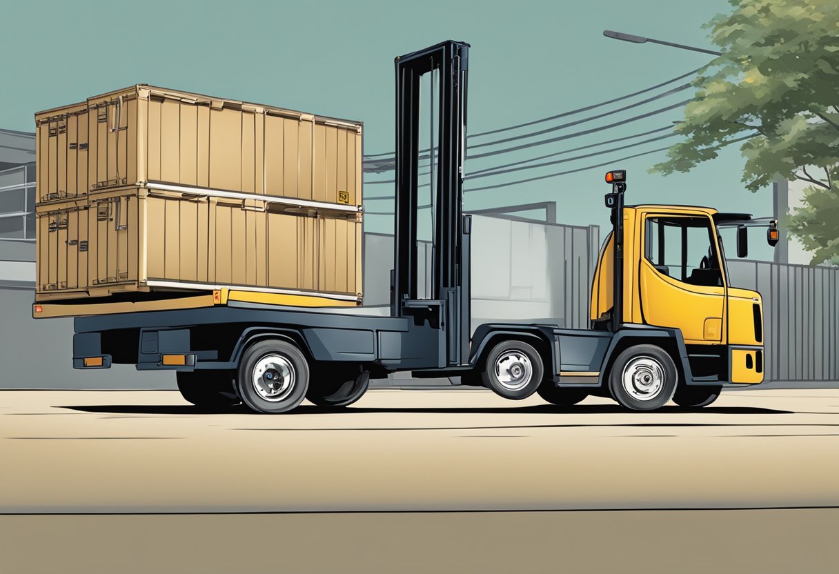 A forklift lifting a pair of Class 2 forks onto a delivery truck