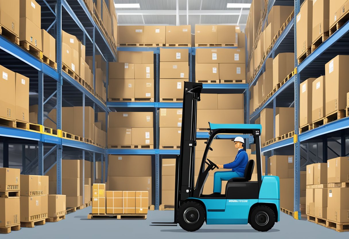 A Class 2 forklift with safety and compliance features, lifting a pallet of goods in a warehouse setting