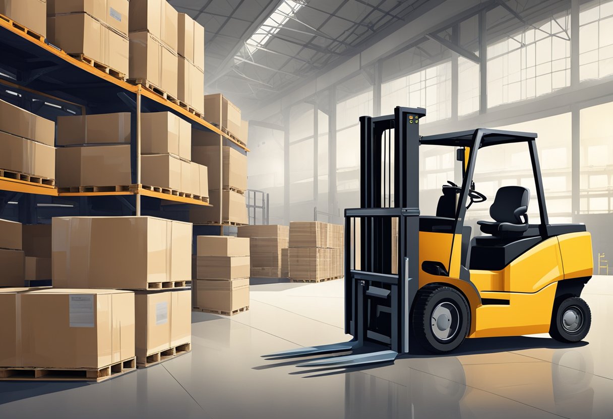 A forklift with Class 2 forks lifting a pallet of materials in a warehouse setting