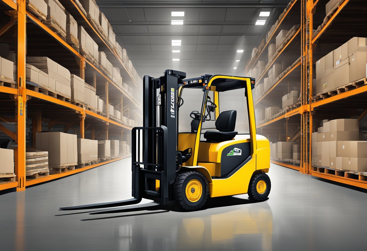 A Class IV forklift with various fork types in a warehouse setting