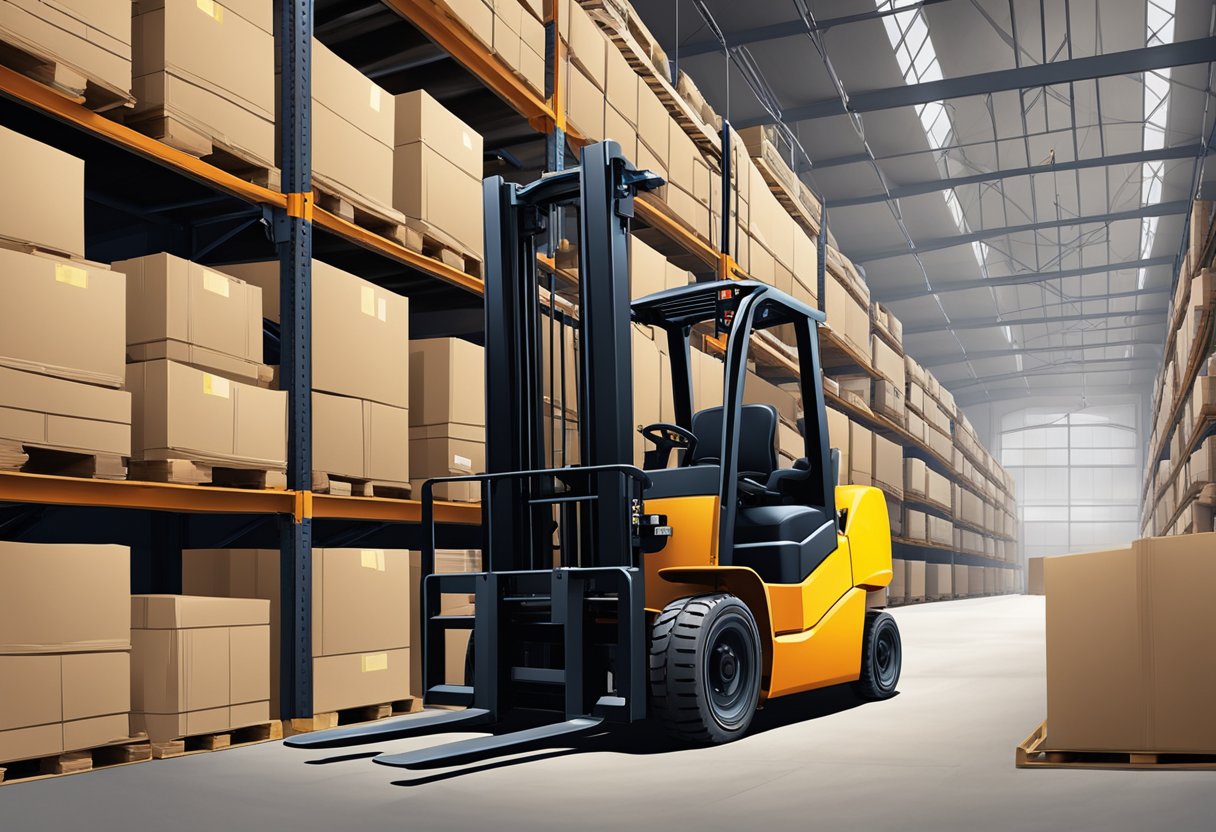 A class 4 forklift with compatible forks lifting a heavy load in a warehouse setting