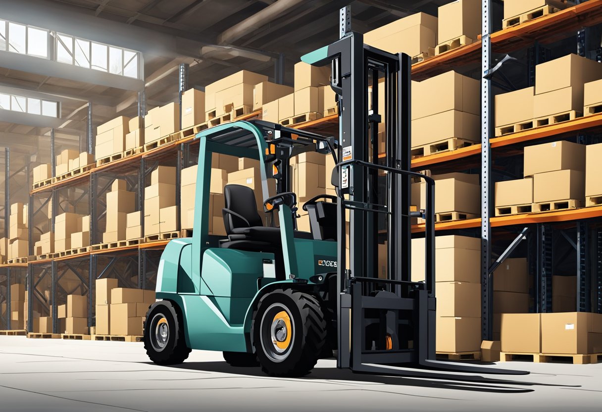 A forklift lifting and transporting a set of class 4 forklift forks in a warehouse setting