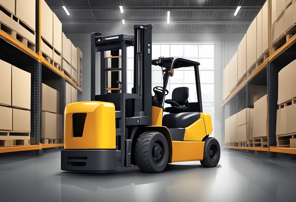 A forklift lifting and moving a set of class 4 forklift forks in a warehouse setting