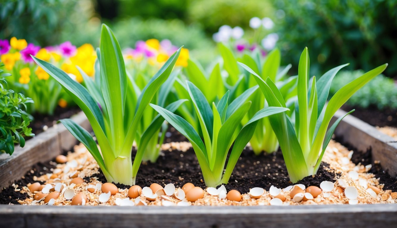 Vibrant plants in a garden bed, shielded by a layer of crushed eggshells on the soil