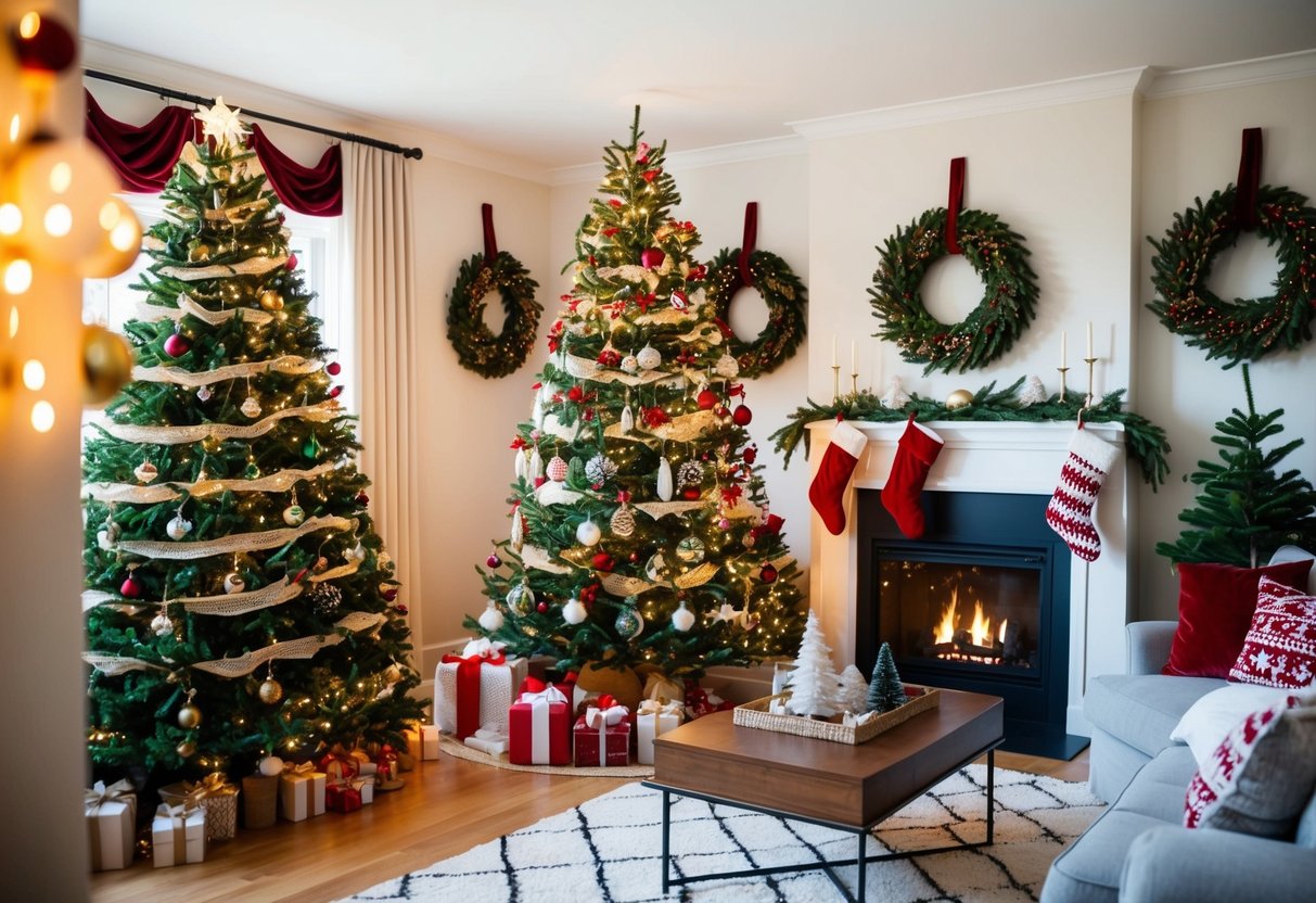 A cozy living room adorned with festive Christmas decor, including a beautifully decorated tree, twinkling lights, stockings hung by the fireplace, and wreaths adorning the walls