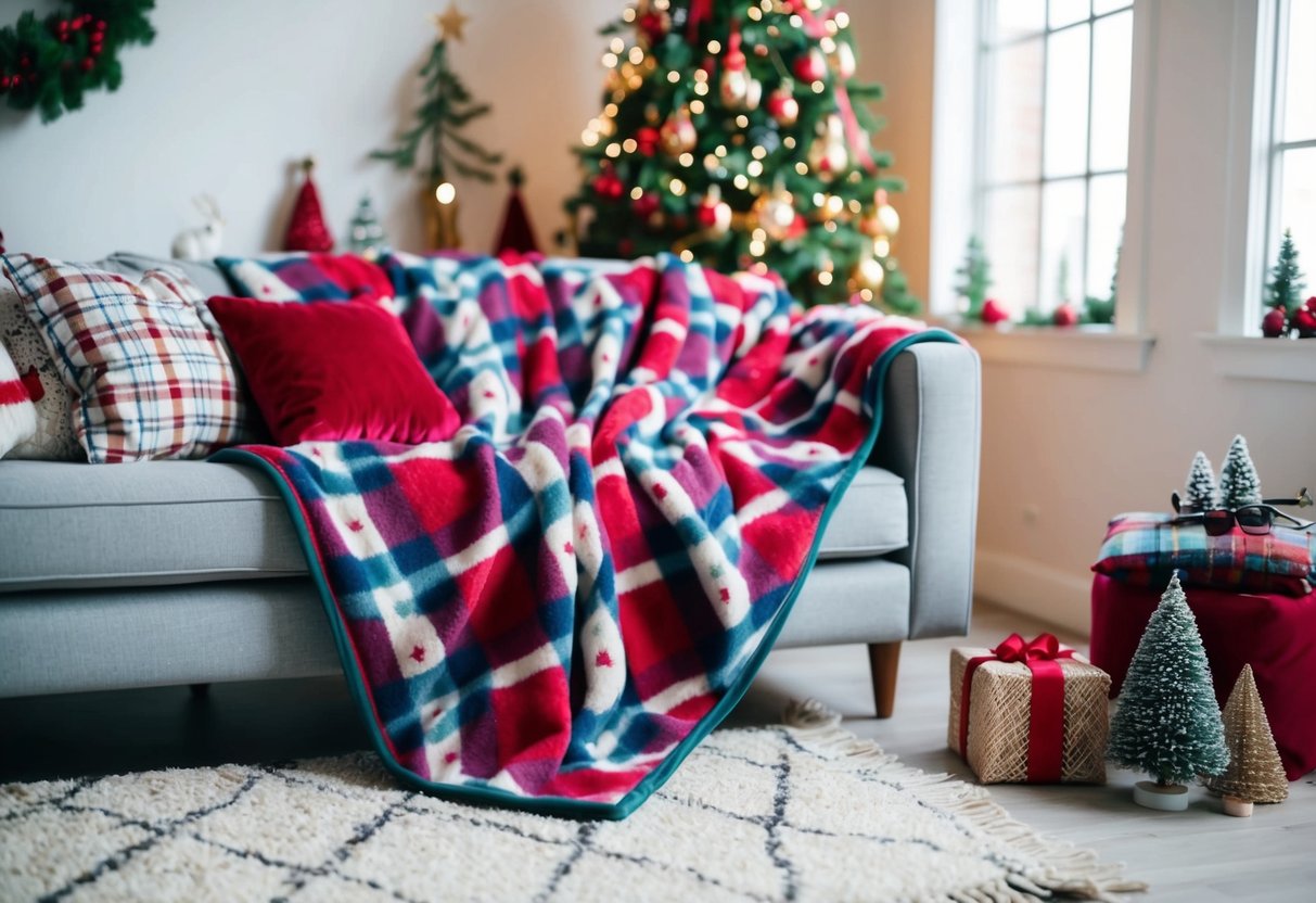 A cozy living room with a plaid fleece blanket draped over a comfy sofa, surrounded by festive Christmas decor