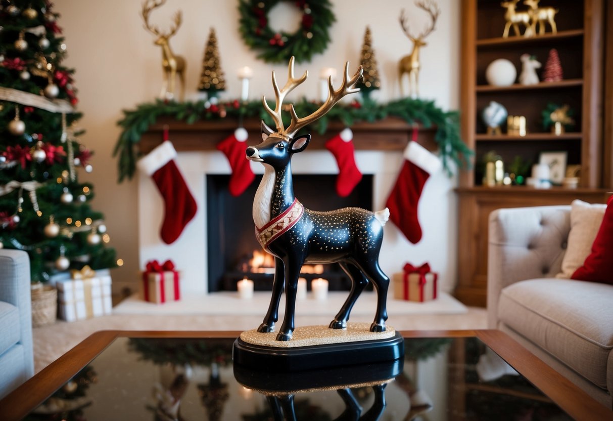 A cozy living room with a fireplace adorned with a vintage reindeer figurine surrounded by other Christmas decorations