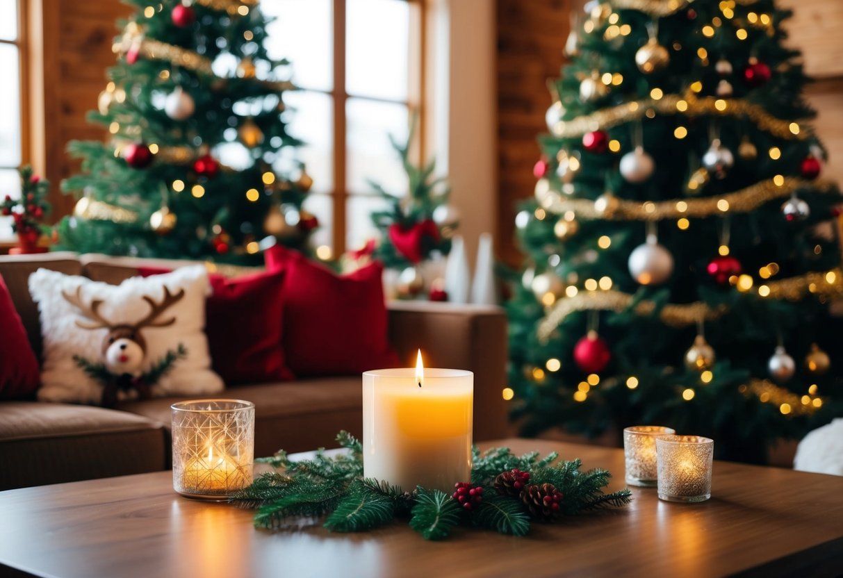 A cozy Christmas living room with a balsam fir scented candle as the centerpiece, surrounded by festive decor and warm holiday ambiance