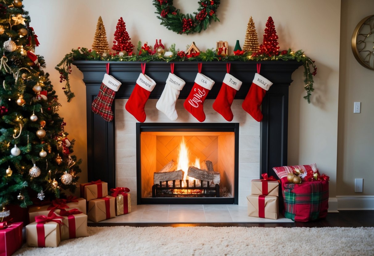 A cozy living room with a roaring fireplace, adorned with 19 personalized stocking holders, surrounded by festive Christmas decor