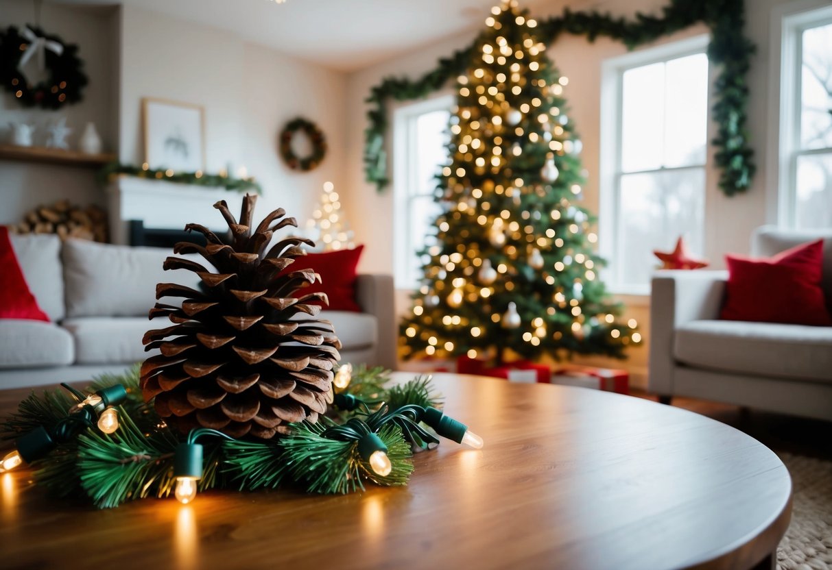 A cozy living room with a festive pinecone centerpiece on a wooden table surrounded by twinkling Christmas lights and garland