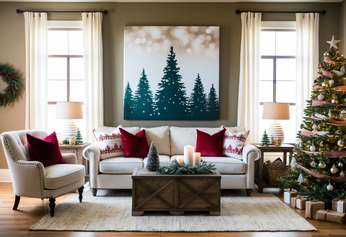 A cozy farmhouse living room decorated for Christmas with a large canvas wall art as the focal point