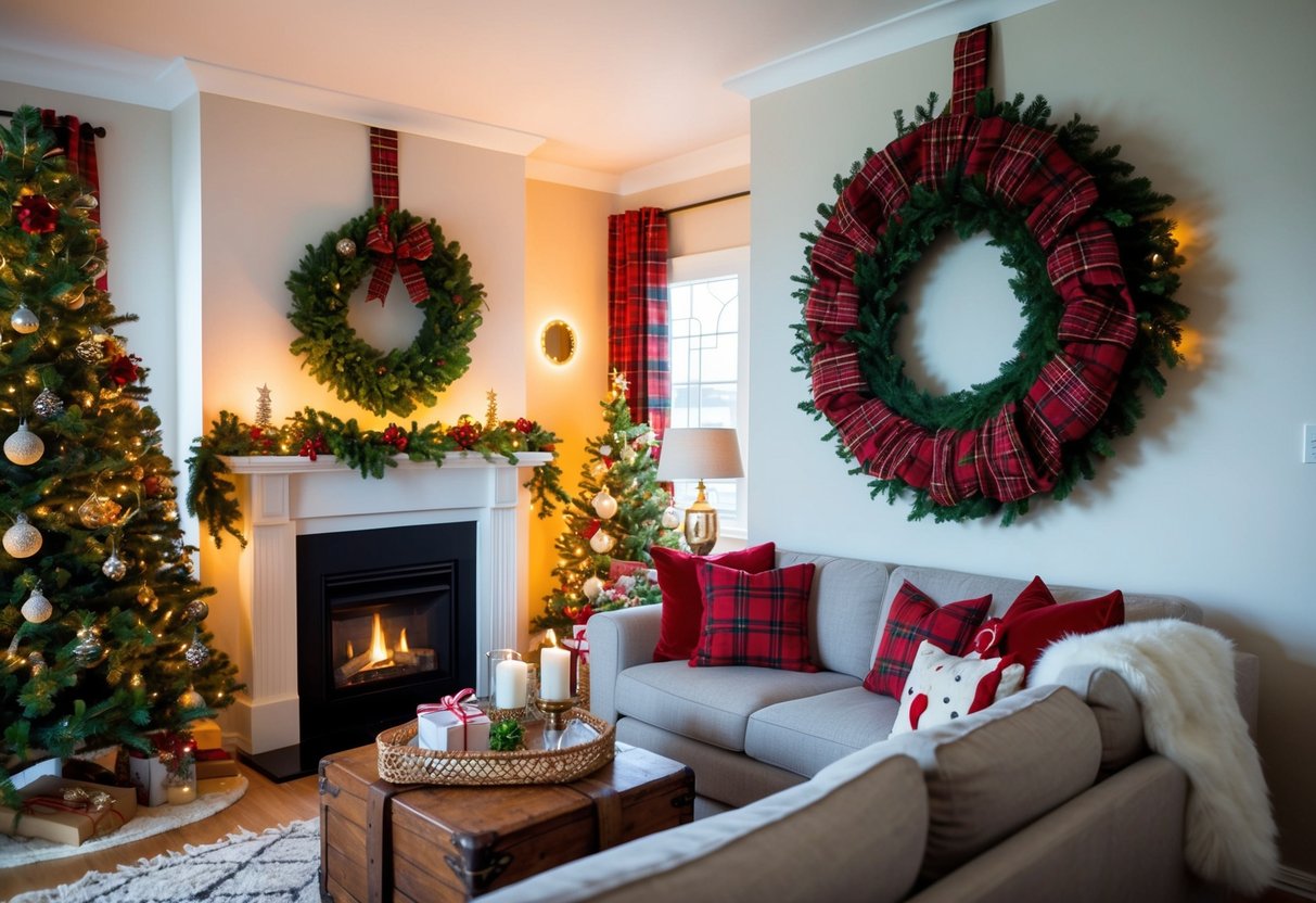 A cozy living room adorned with a festive tartan Christmas wreath hanging on the wall, surrounded by other holiday decorations and warm lighting