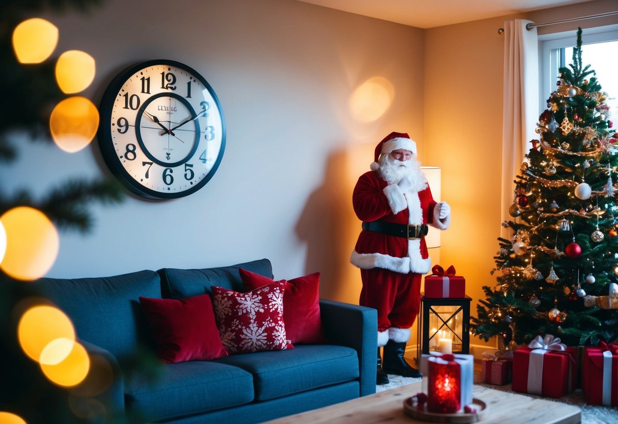 A cozy living room with a festive Santa Claus wall clock, adorned with Christmas decorations and warm lighting