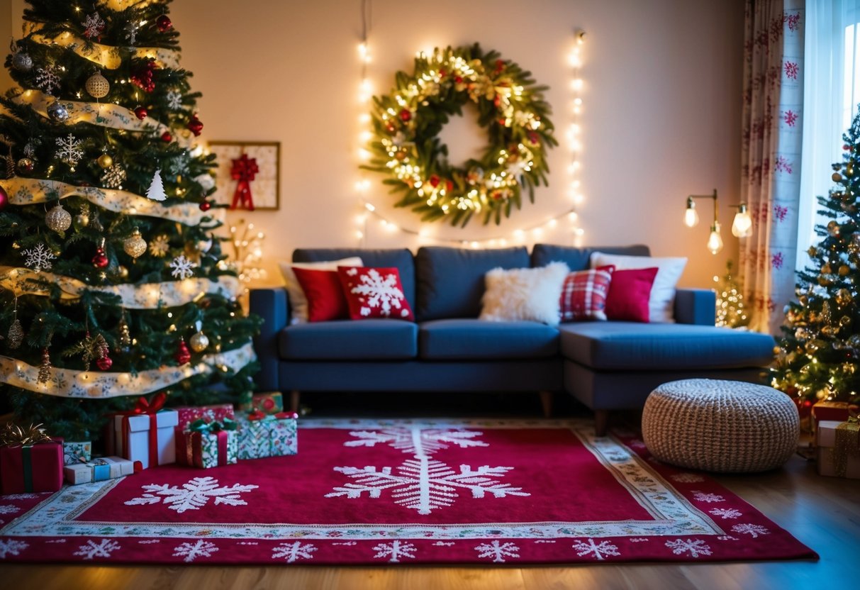 A cozy living room with a festive Christmas rug, adorned with snowflakes and holiday motifs, surrounded by twinkling lights and seasonal decor