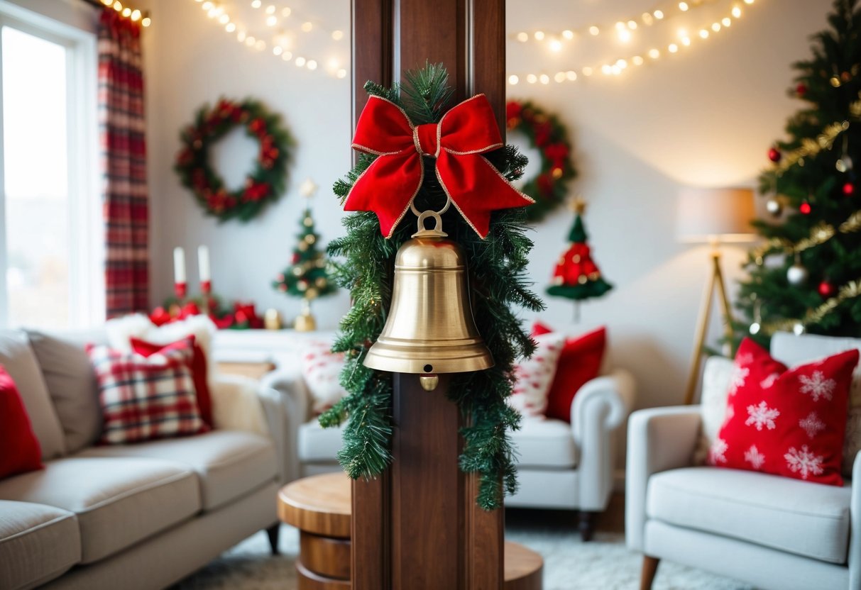 A festive living room with a jingle bell door hanger, adorned with Christmas decor and cozy furniture