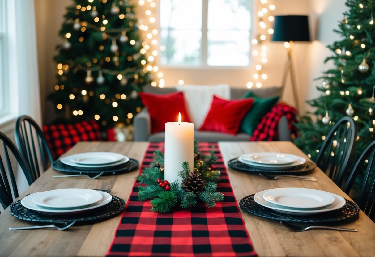 A cozy living room with a festive Christmas decor featuring a red and black buffalo plaid table runner, surrounded by twinkling lights and greenery