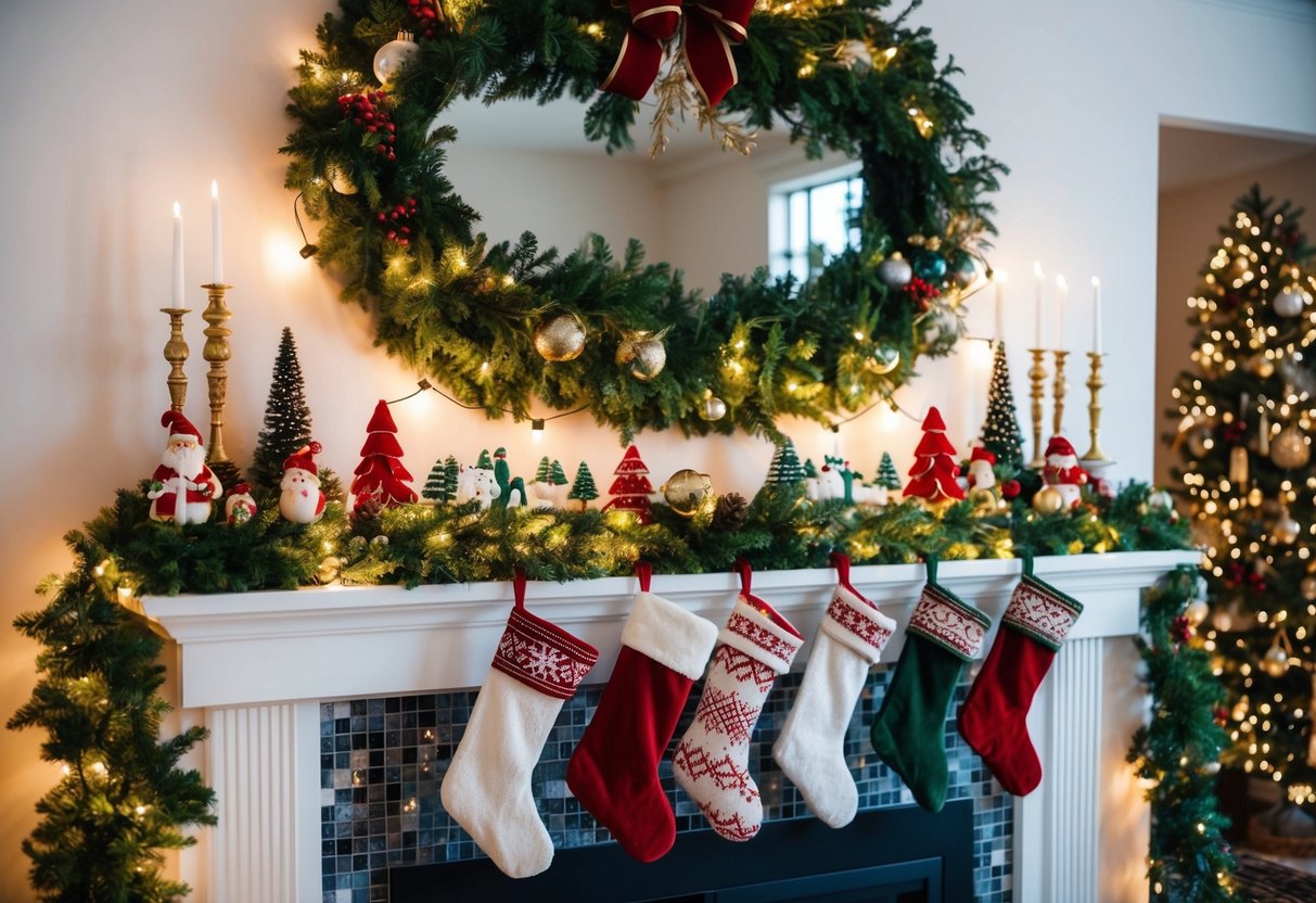 A festive mantel adorned with garlands, twinkling lights, stockings, and an assortment of holiday decor