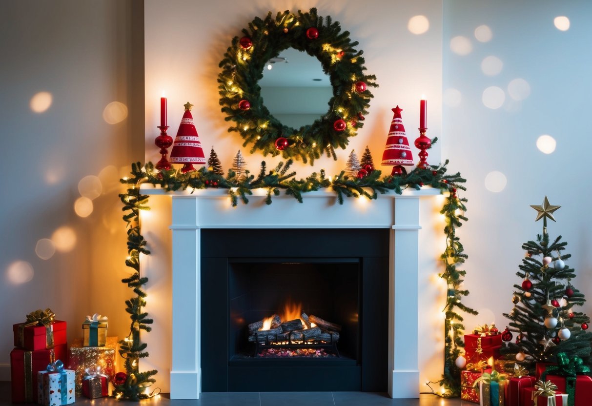 A mantel adorned with LED fairy lights, surrounded by festive Christmas decorations and ornaments