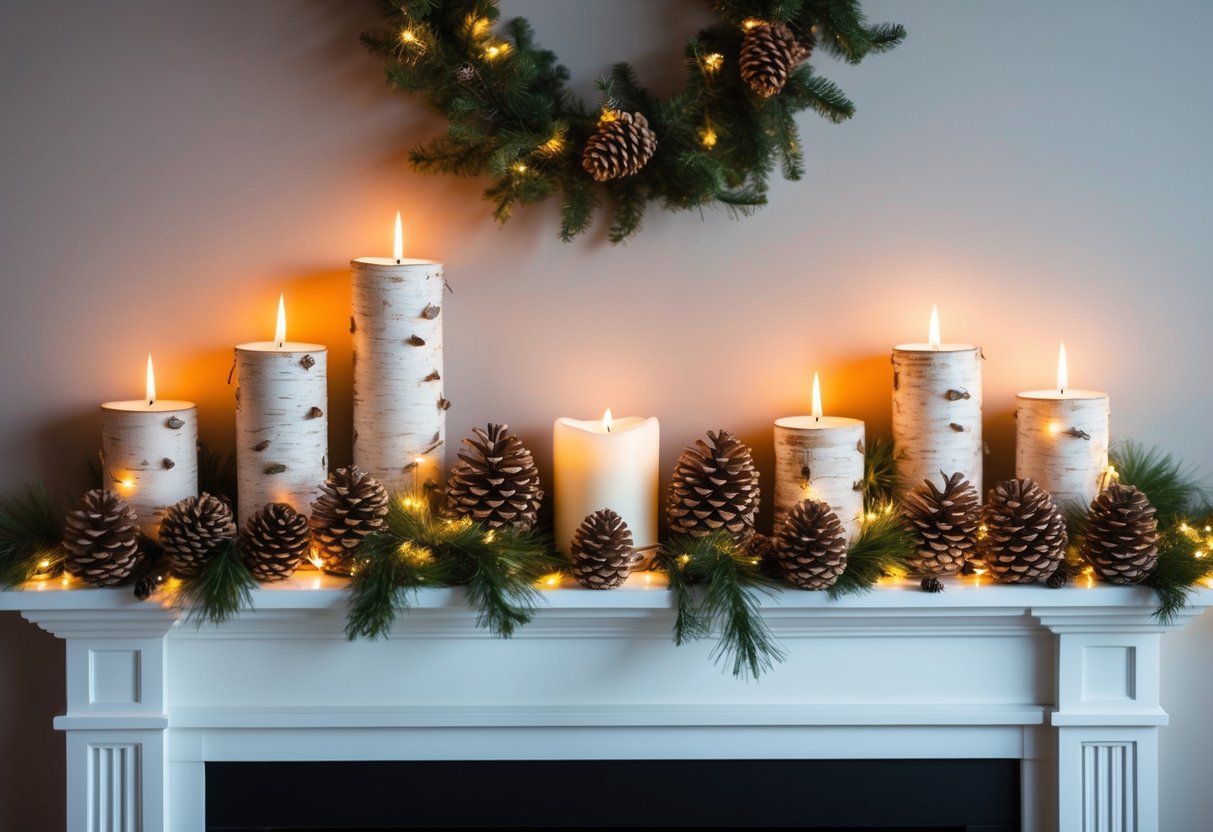 A cozy fireplace mantel adorned with birch candles, pinecones, and twinkling lights creates a festive Christmas atmosphere