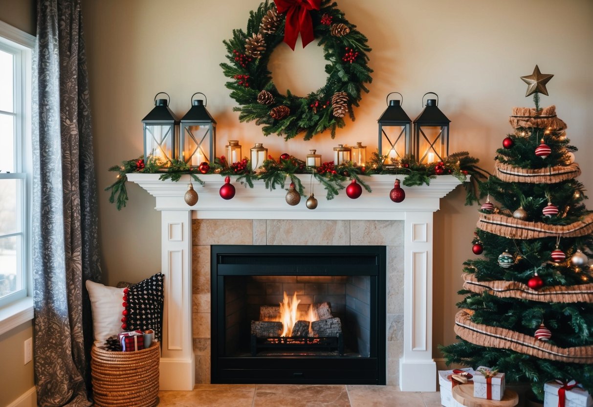 A cozy fireplace mantel adorned with rustic lanterns and festive Christmas decor