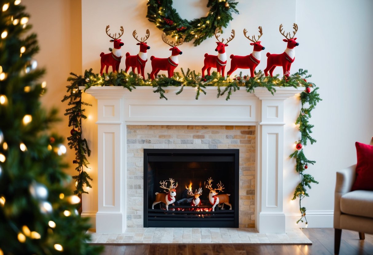 A cozy fireplace mantel adorned with 21 festive reindeer figurines, surrounded by twinkling lights and greenery