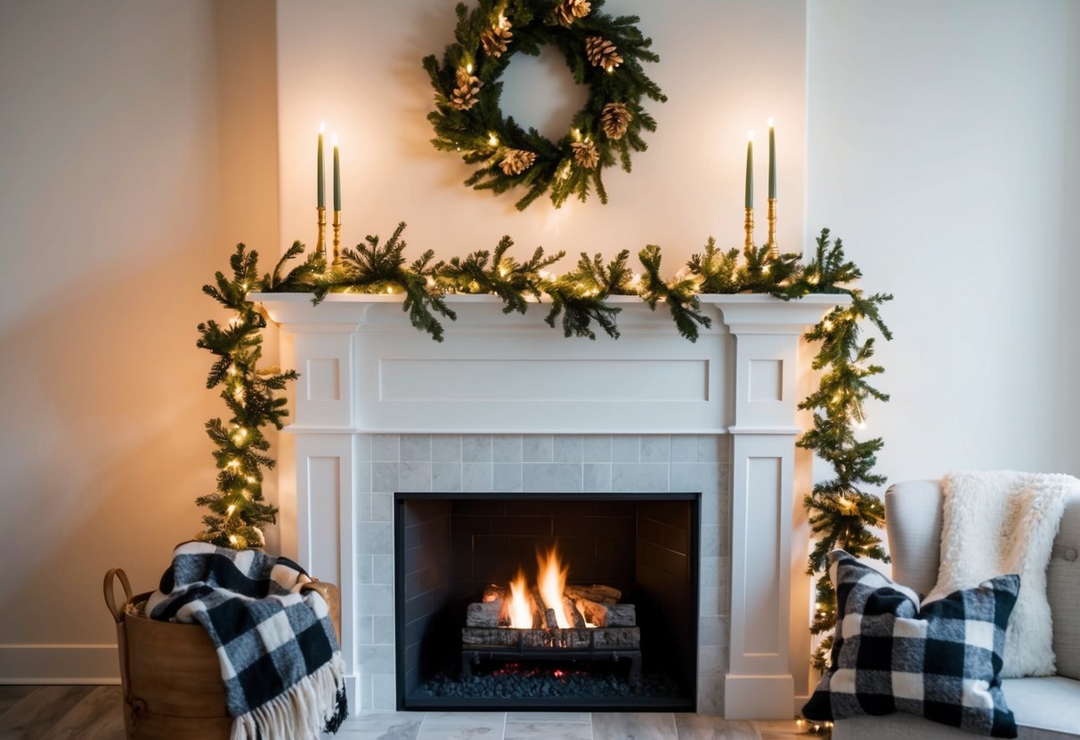 A cozy fireplace mantel adorned with plaid throws, festive garlands, and twinkling lights