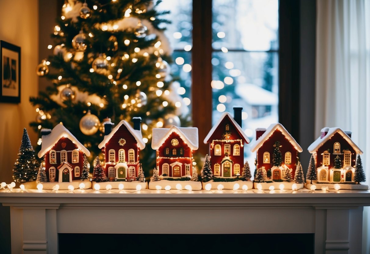 A cozy Christmas village set on a mantel, with twinkling lights, snow-covered houses, and a festive atmosphere